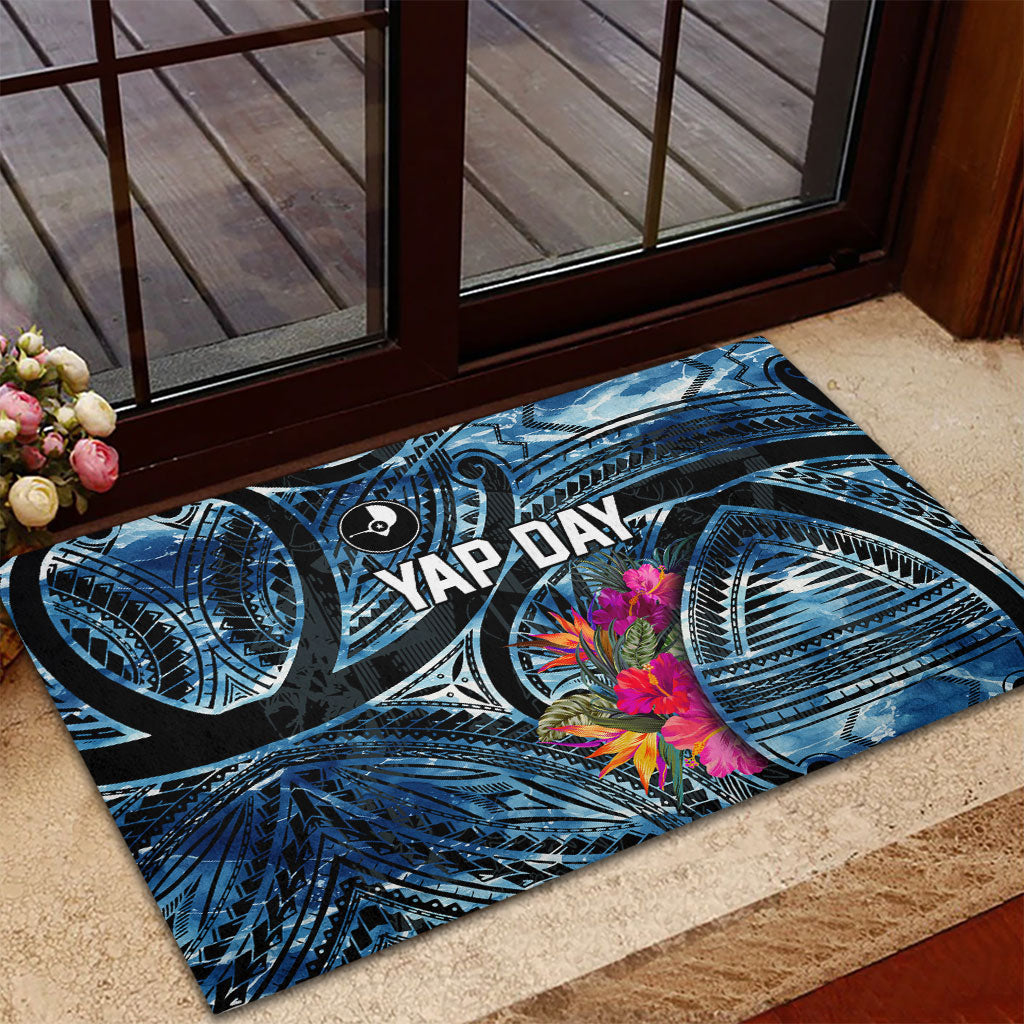 Yap Day Island Floral Tribal Heritage Rubber Doormat Micronesian Hibiscus Pattern Polynesian Tattoo Blue Art