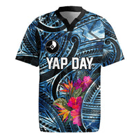 Yap Day Island Floral Tribal Heritage Rugby Jersey Micronesian Hibiscus Pattern Polynesian Tattoo Blue Art