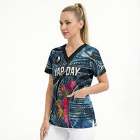 Yap Day Island Floral Tribal Heritage Scrub Top Micronesian Hibiscus Pattern Polynesian Tattoo Blue Art