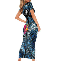 Yap Day Island Floral Tribal Heritage Short Sleeve Bodycon Dress Micronesian Hibiscus Pattern Polynesian Tattoo Blue Art