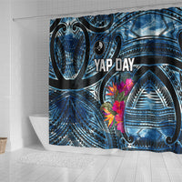 Yap Day Island Floral Tribal Heritage Shower Curtain Micronesian Hibiscus Pattern Polynesian Tattoo Blue Art