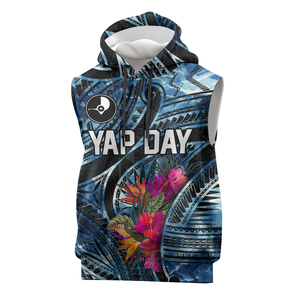 Yap Day Island Floral Tribal Heritage Sleeveless Hoodie Micronesian Hibiscus Pattern Polynesian Tattoo Blue Art