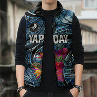 Yap Day Island Floral Tribal Heritage Sleeveless Puffer Jacket Micronesian Hibiscus Pattern Polynesian Tattoo Blue Art