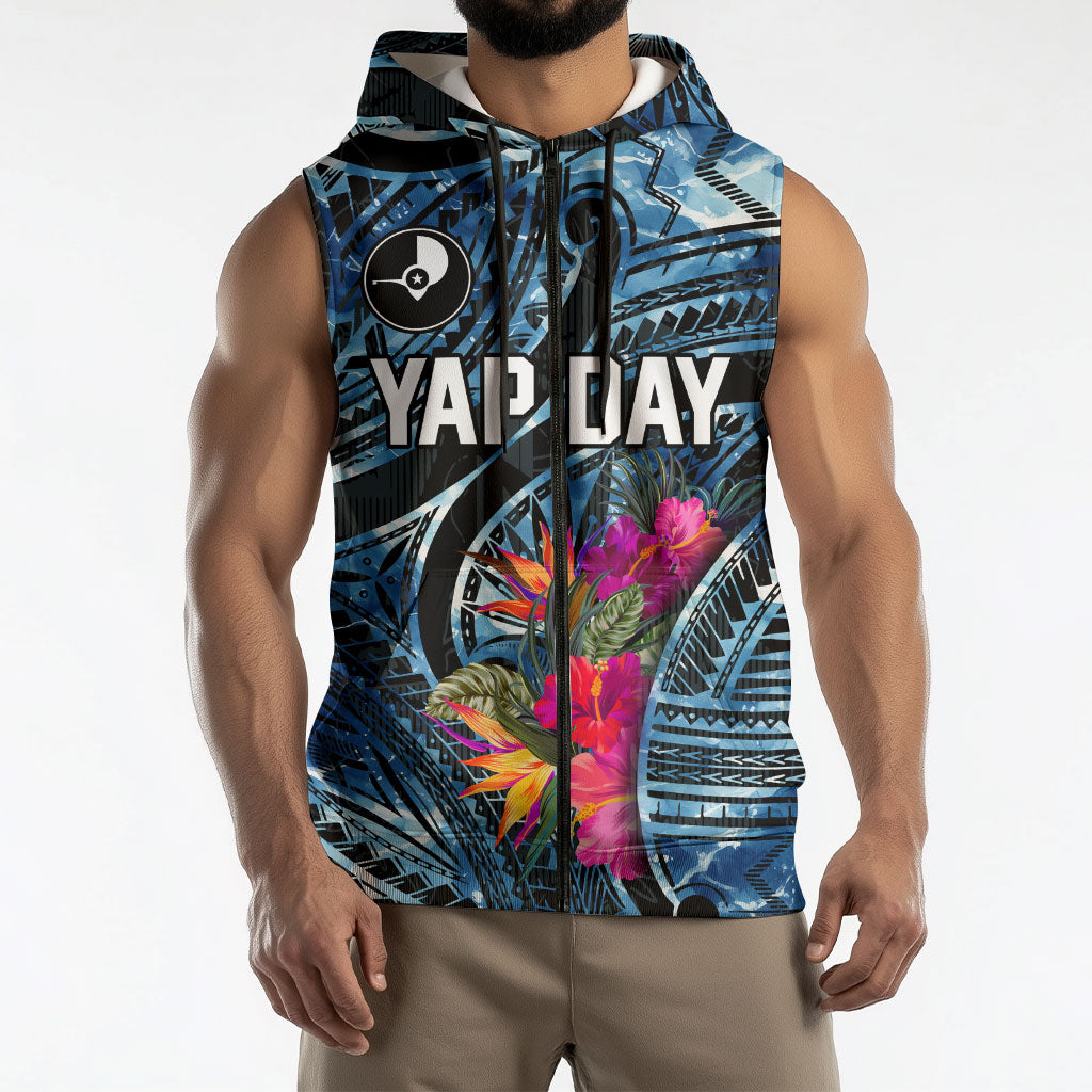 Yap Day Island Floral Tribal Heritage Sleeveless Zip Hoodie Micronesian Hibiscus Pattern Polynesian Tattoo Blue Art