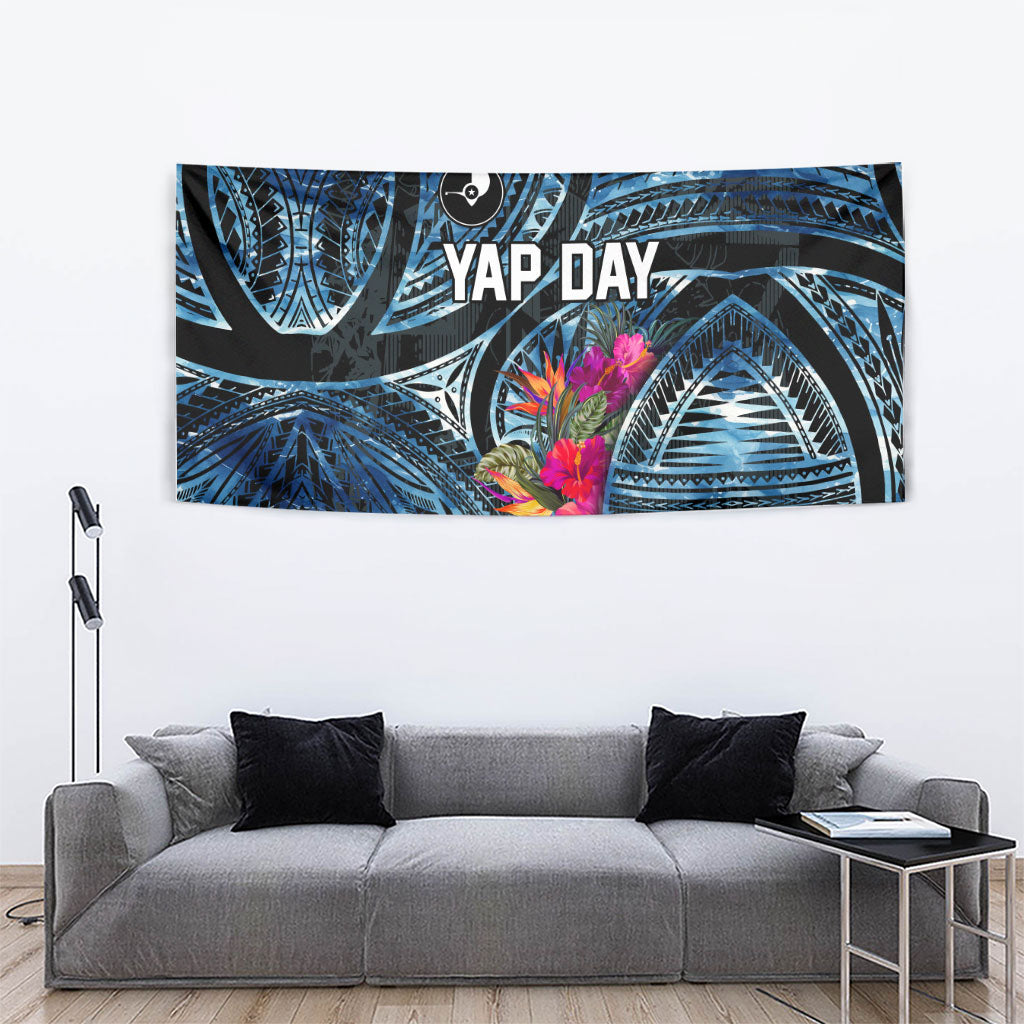 Yap Day Island Floral Tribal Heritage Tapestry Micronesian Hibiscus Pattern Polynesian Tattoo Blue Art