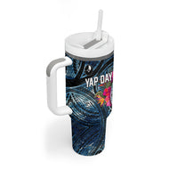 Yap Day Island Floral Tribal Heritage Tumbler With Handle Micronesian Hibiscus Pattern Polynesian Tattoo Blue Art