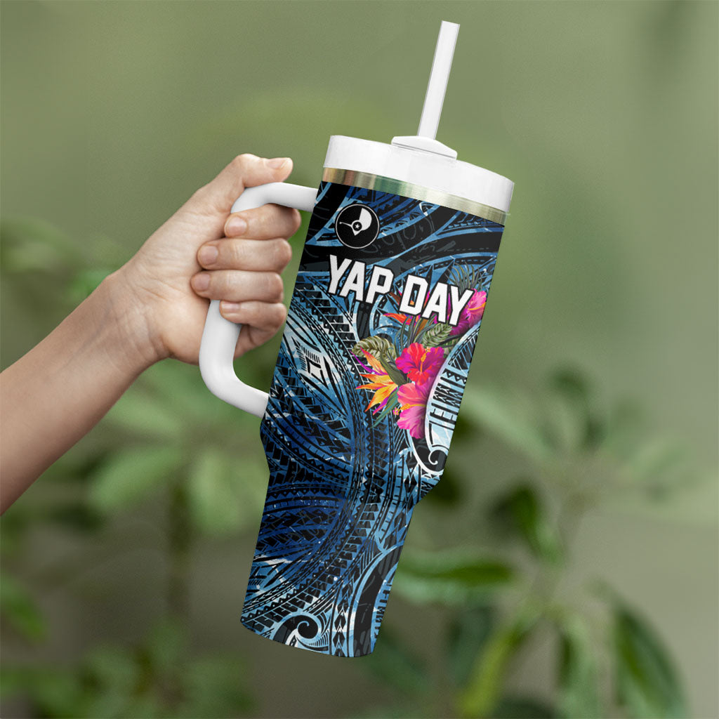 Yap Day Island Floral Tribal Heritage Tumbler With Handle Micronesian Hibiscus Pattern Polynesian Tattoo Blue Art