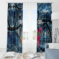 Yap Day Island Floral Tribal Heritage Window Curtain Micronesian Hibiscus Pattern Polynesian Tattoo Blue Art
