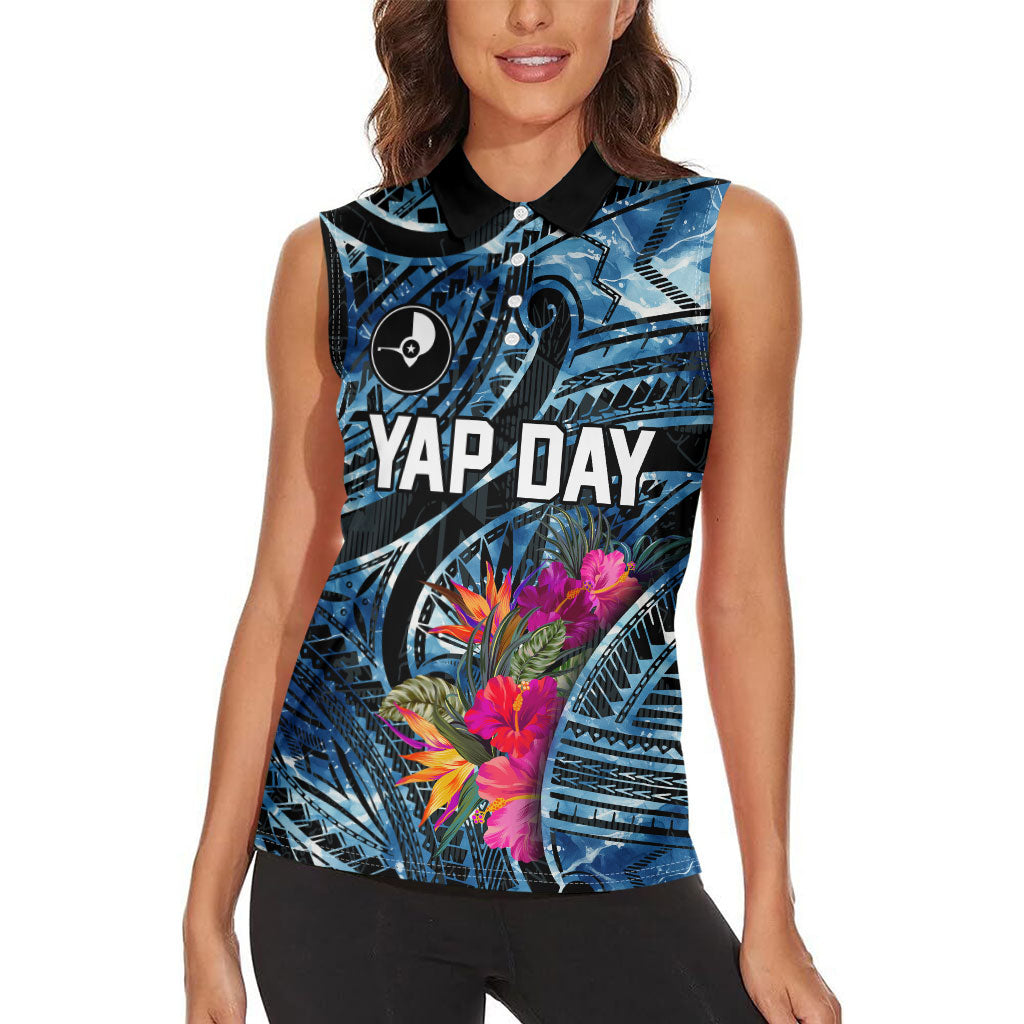 Yap Day Island Floral Tribal Heritage Women Sleeveless Polo Shirt Micronesian Hibiscus Pattern Polynesian Tattoo Blue Art