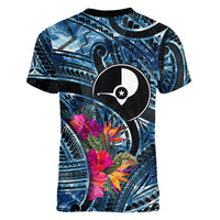 Yap Day Island Floral Tribal Heritage Women V-Neck T-Shirt Micronesian Hibiscus Pattern Polynesian Tattoo Blue Art