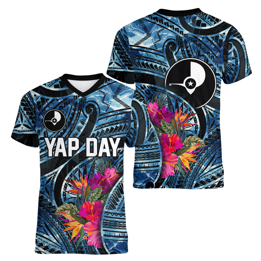 Yap Day Island Floral Tribal Heritage Women V-Neck T-Shirt Micronesian Hibiscus Pattern Polynesian Tattoo Blue Art