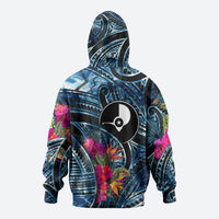 Yap Day Island Floral Tribal Heritage Zip Hoodie Micronesian Hibiscus Pattern Polynesian Tattoo Blue Art