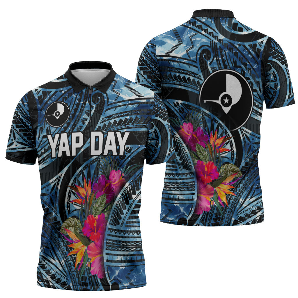 Yap Day Island Floral Tribal Heritage Zipper Polo Shirt Micronesian Hibiscus Pattern Polynesian Tattoo Blue Art
