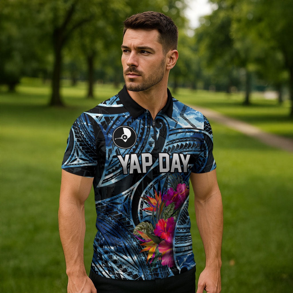 Yap Day Island Floral Tribal Heritage Zipper Polo Shirt Micronesian Hibiscus Pattern Polynesian Tattoo Blue Art