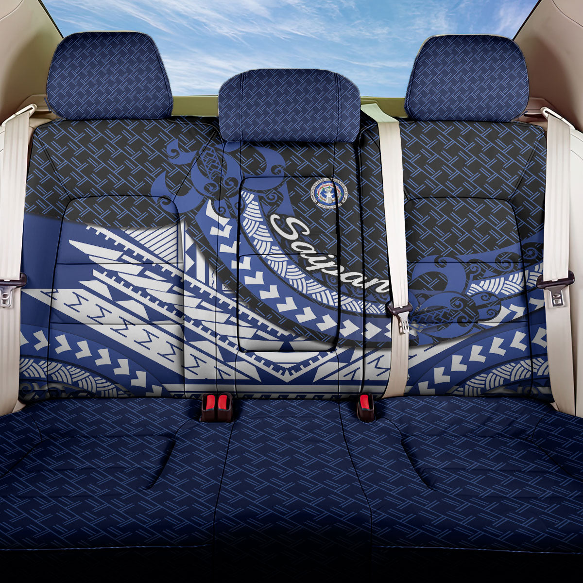 Northern Mariana Islands Saipan Back Car Seat Cover Polynesian Tribal Pattern - Commonwealth Seal Art