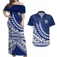 Northern Mariana Islands Saipan Couples Matching Off Shoulder Maxi Dress and Hawaiian Shirt Polynesian Tribal Pattern - Commonwealth Seal Art