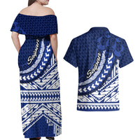Northern Mariana Islands Saipan Couples Matching Off Shoulder Maxi Dress and Hawaiian Shirt Polynesian Tribal Pattern - Commonwealth Seal Art
