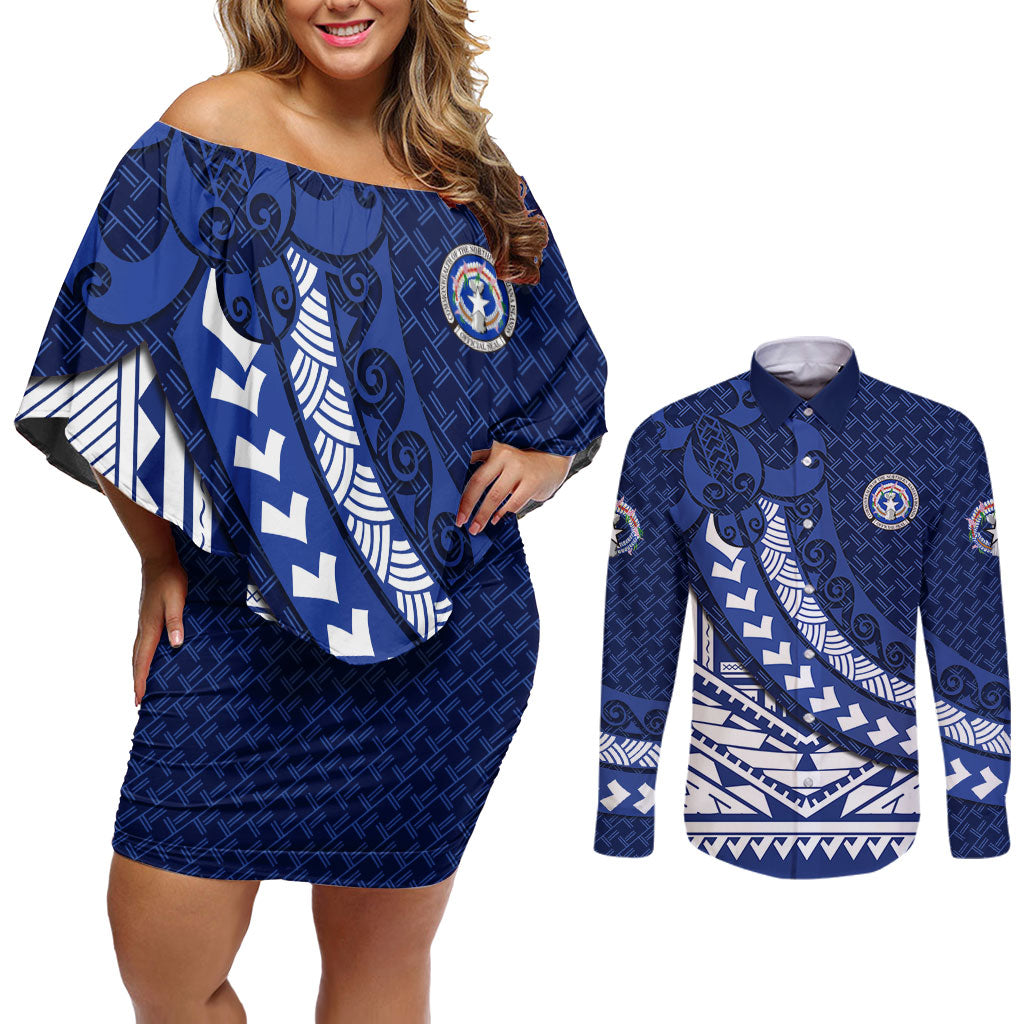 Northern Mariana Islands Saipan Couples Matching Off Shoulder Short Dress and Long Sleeve Button Shirt Polynesian Tribal Pattern - Commonwealth Seal Art