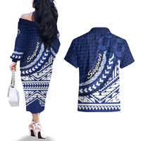 Northern Mariana Islands Saipan Couples Matching Off The Shoulder Long Sleeve Dress and Hawaiian Shirt Polynesian Tribal Pattern - Commonwealth Seal Art