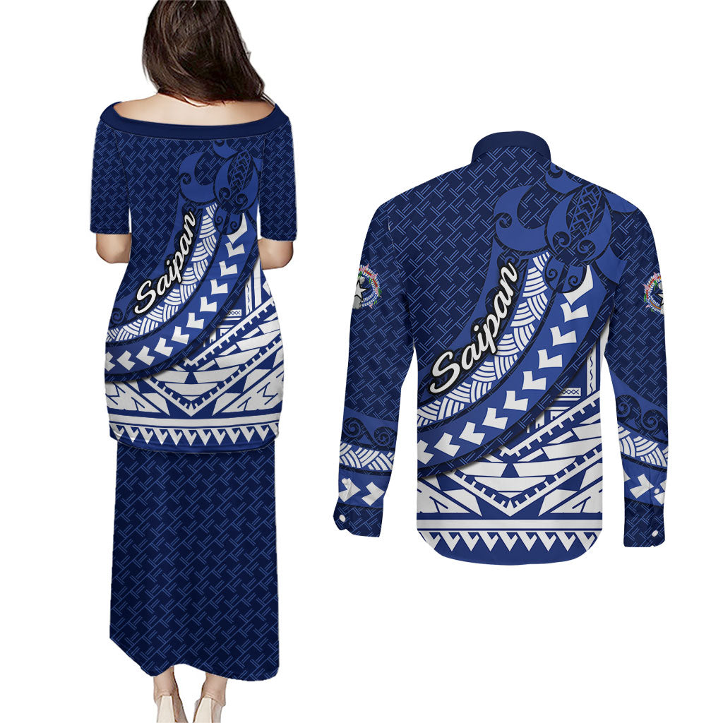 Northern Mariana Islands Saipan Couples Matching Puletasi and Long Sleeve Button Shirt Polynesian Tribal Pattern - Commonwealth Seal Art TS04 - Polynesian Pride