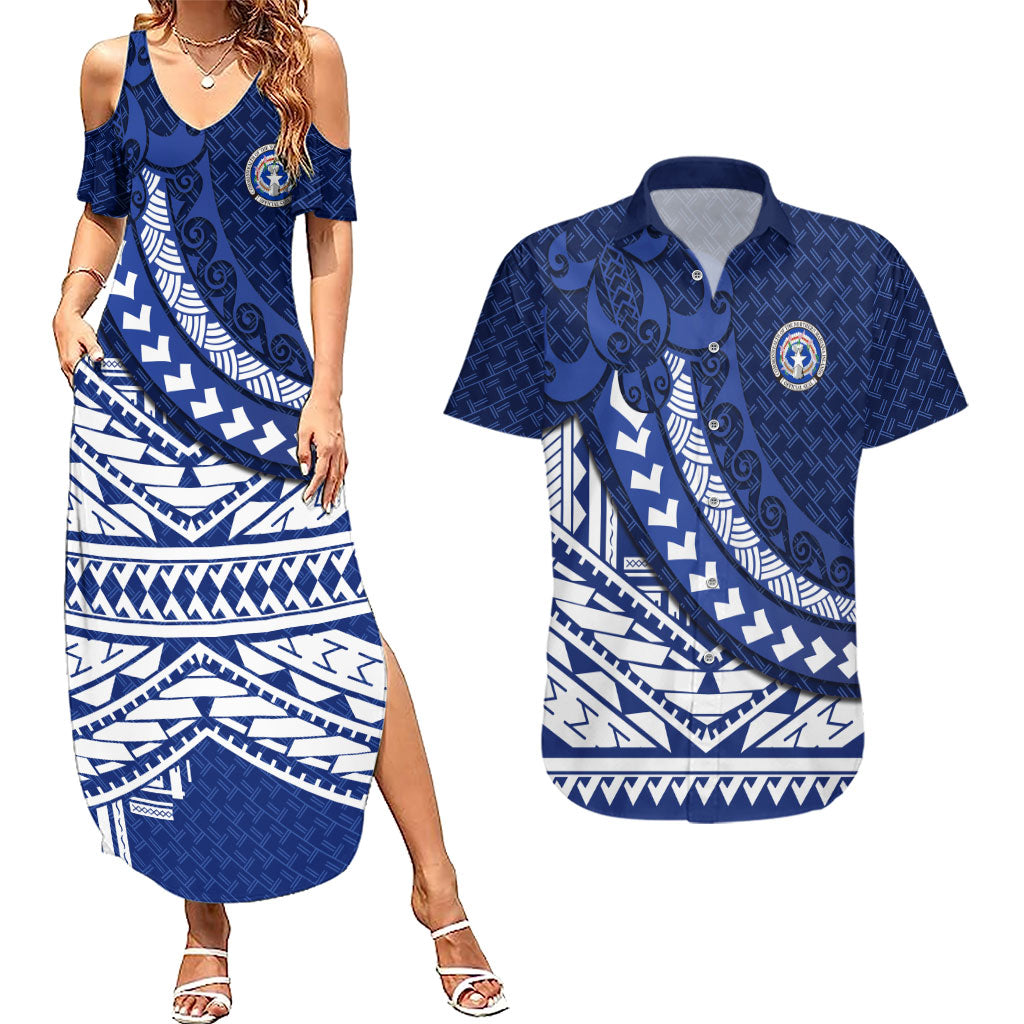 Northern Mariana Islands Saipan Couples Matching Summer Maxi Dress and Hawaiian Shirt Polynesian Tribal Pattern - Commonwealth Seal Art