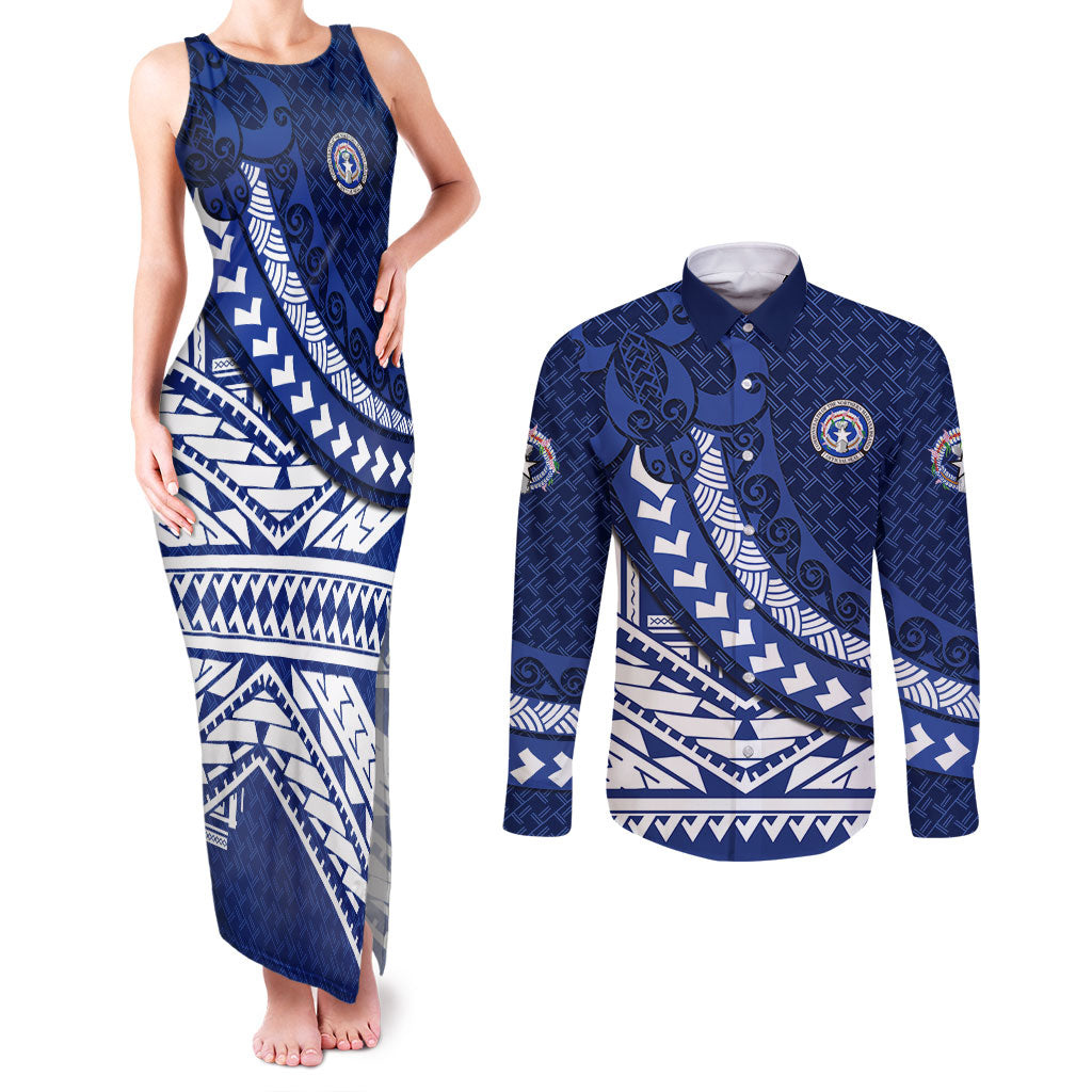 Northern Mariana Islands Saipan Couples Matching Tank Maxi Dress and Long Sleeve Button Shirt Polynesian Tribal Pattern - Commonwealth Seal Art