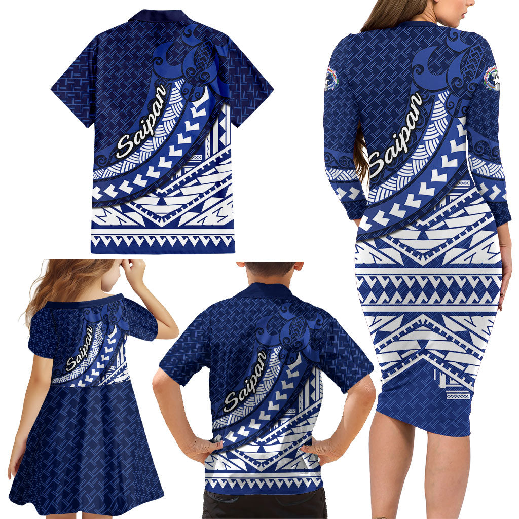 Northern Mariana Islands Saipan Family Matching Long Sleeve Bodycon Dress and Hawaiian Shirt Polynesian Tribal Pattern - Commonwealth Seal Art