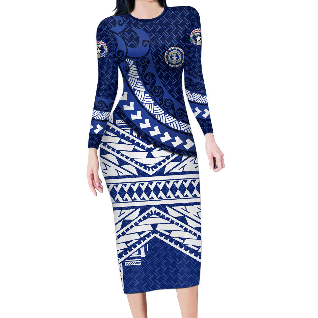Northern Mariana Islands Saipan Family Matching Long Sleeve Bodycon Dress and Hawaiian Shirt Polynesian Tribal Pattern - Commonwealth Seal Art