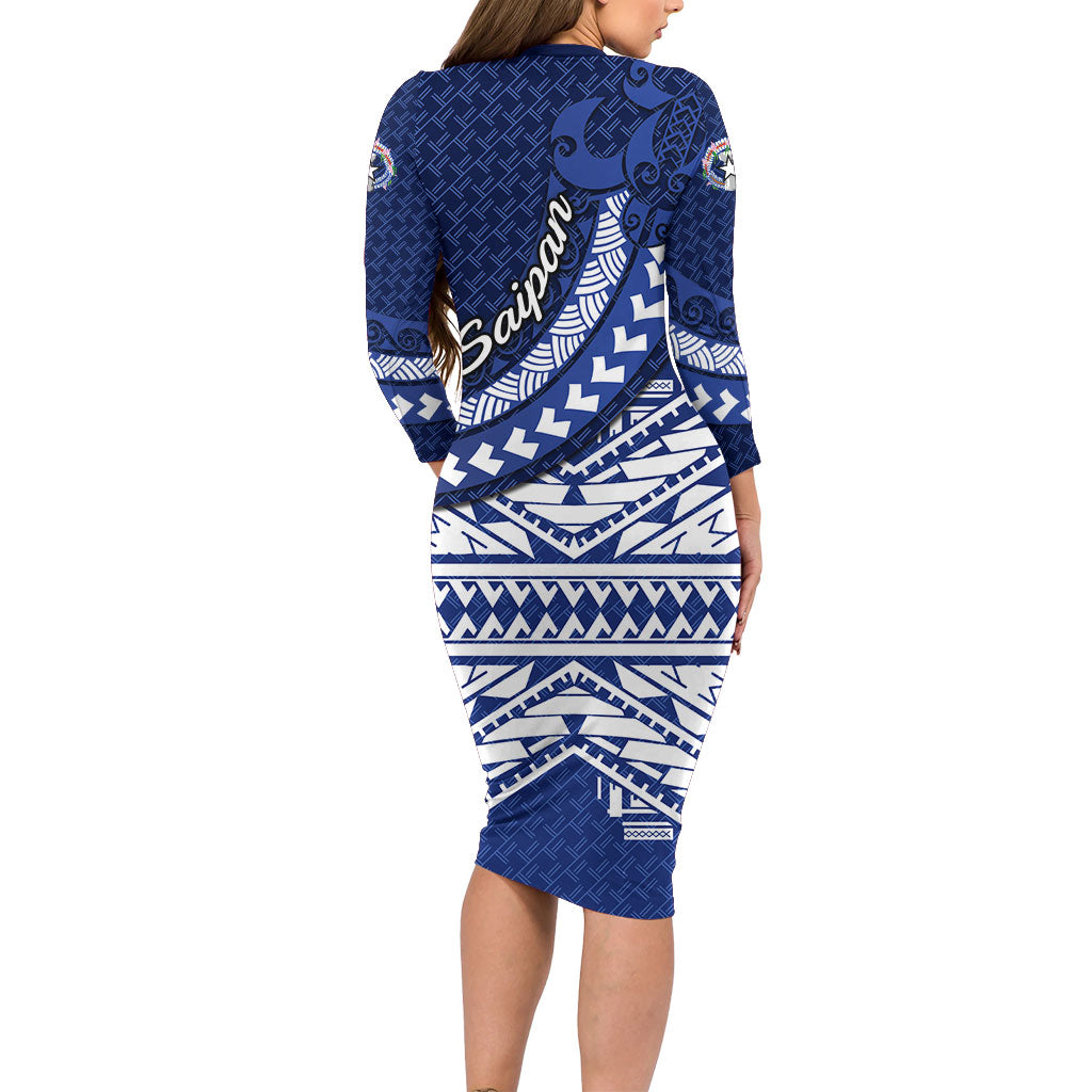 Northern Mariana Islands Saipan Family Matching Long Sleeve Bodycon Dress and Hawaiian Shirt Polynesian Tribal Pattern - Commonwealth Seal Art