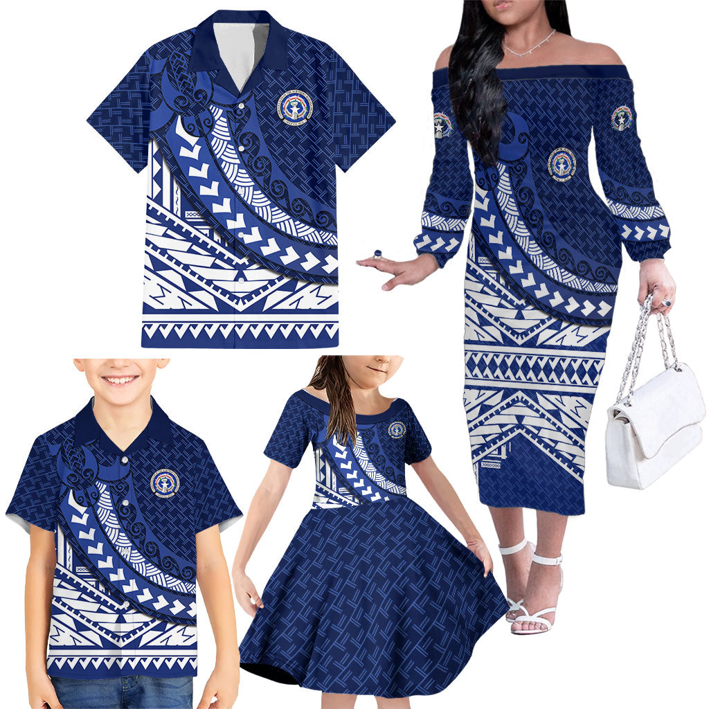 Northern Mariana Islands Saipan Family Matching Off The Shoulder Long Sleeve Dress and Hawaiian Shirt Polynesian Tribal Pattern - Commonwealth Seal Art