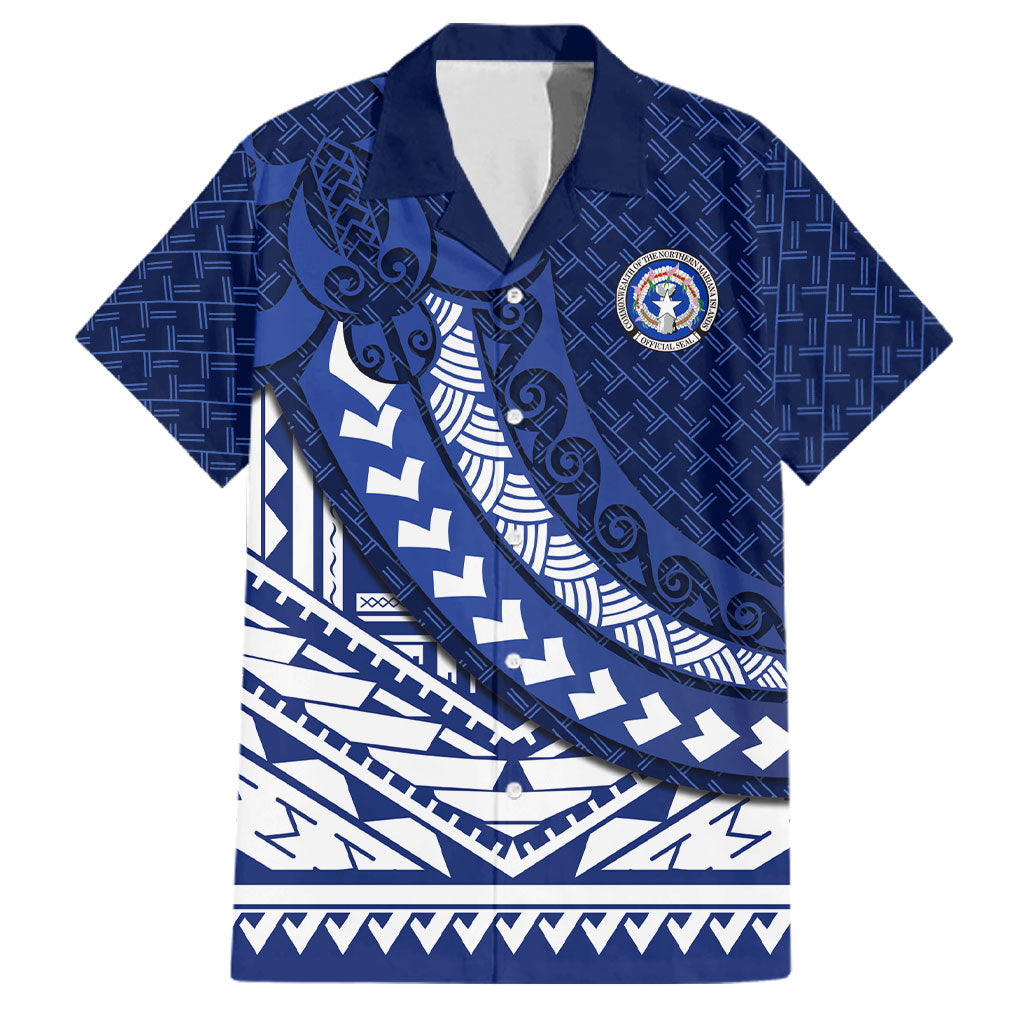 Northern Mariana Islands Saipan Family Matching Off The Shoulder Long Sleeve Dress and Hawaiian Shirt Polynesian Tribal Pattern - Commonwealth Seal Art
