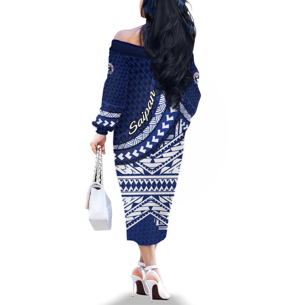Northern Mariana Islands Saipan Family Matching Off The Shoulder Long Sleeve Dress and Hawaiian Shirt Polynesian Tribal Pattern - Commonwealth Seal Art