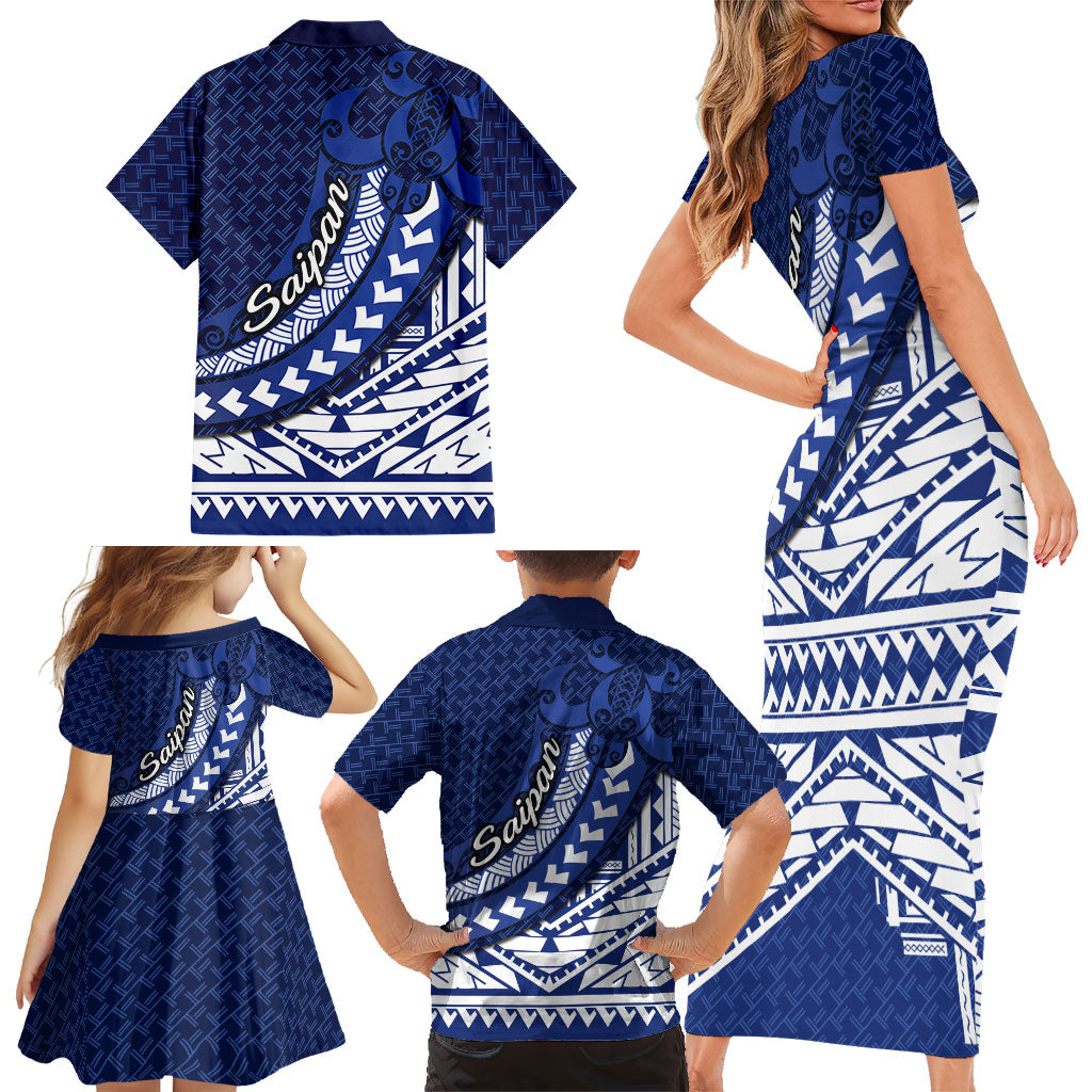 Northern Mariana Islands Saipan Family Matching Short Sleeve Bodycon Dress and Hawaiian Shirt Polynesian Tribal Pattern - Commonwealth Seal Art