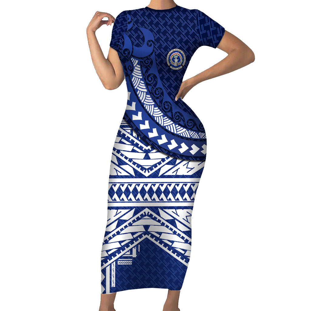 Northern Mariana Islands Saipan Family Matching Short Sleeve Bodycon Dress and Hawaiian Shirt Polynesian Tribal Pattern - Commonwealth Seal Art