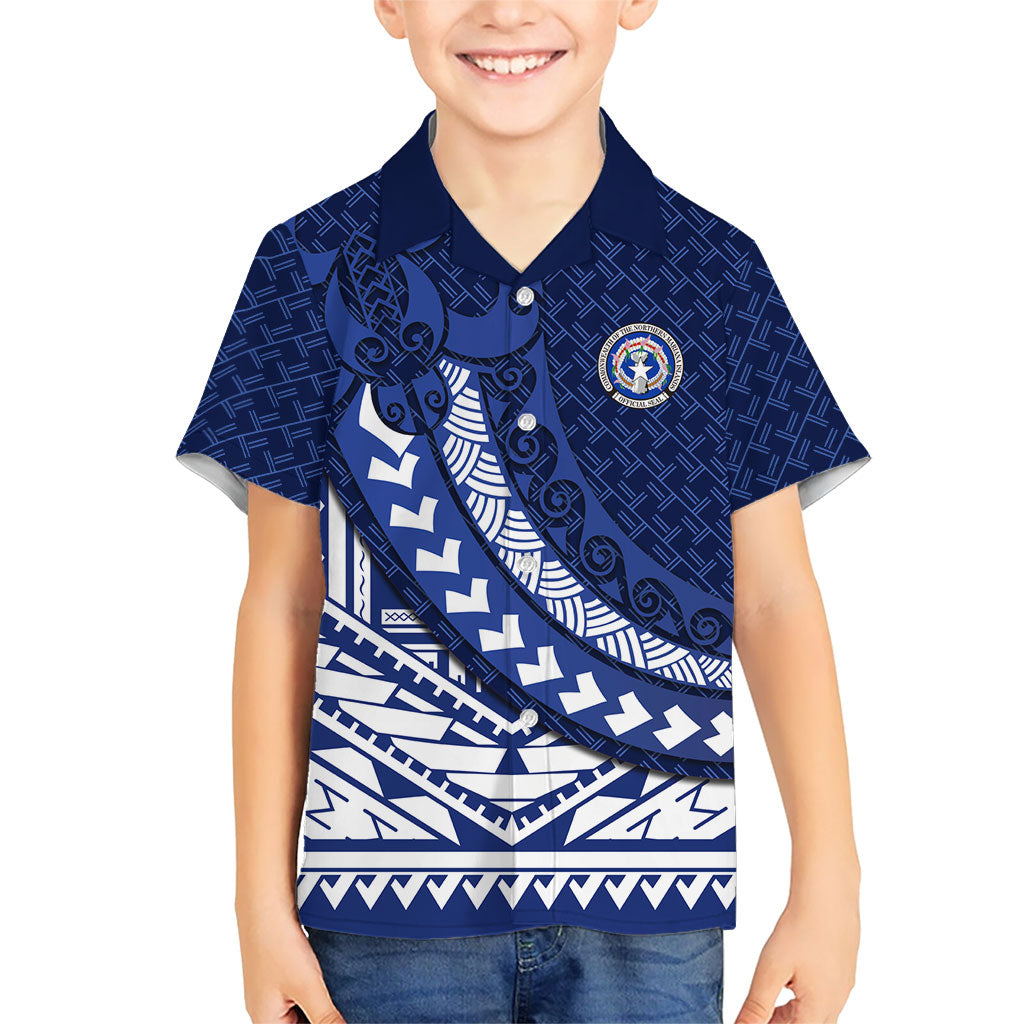 Northern Mariana Islands Saipan Kid Hawaiian Shirt Polynesian Tribal Pattern - Commonwealth Seal Art