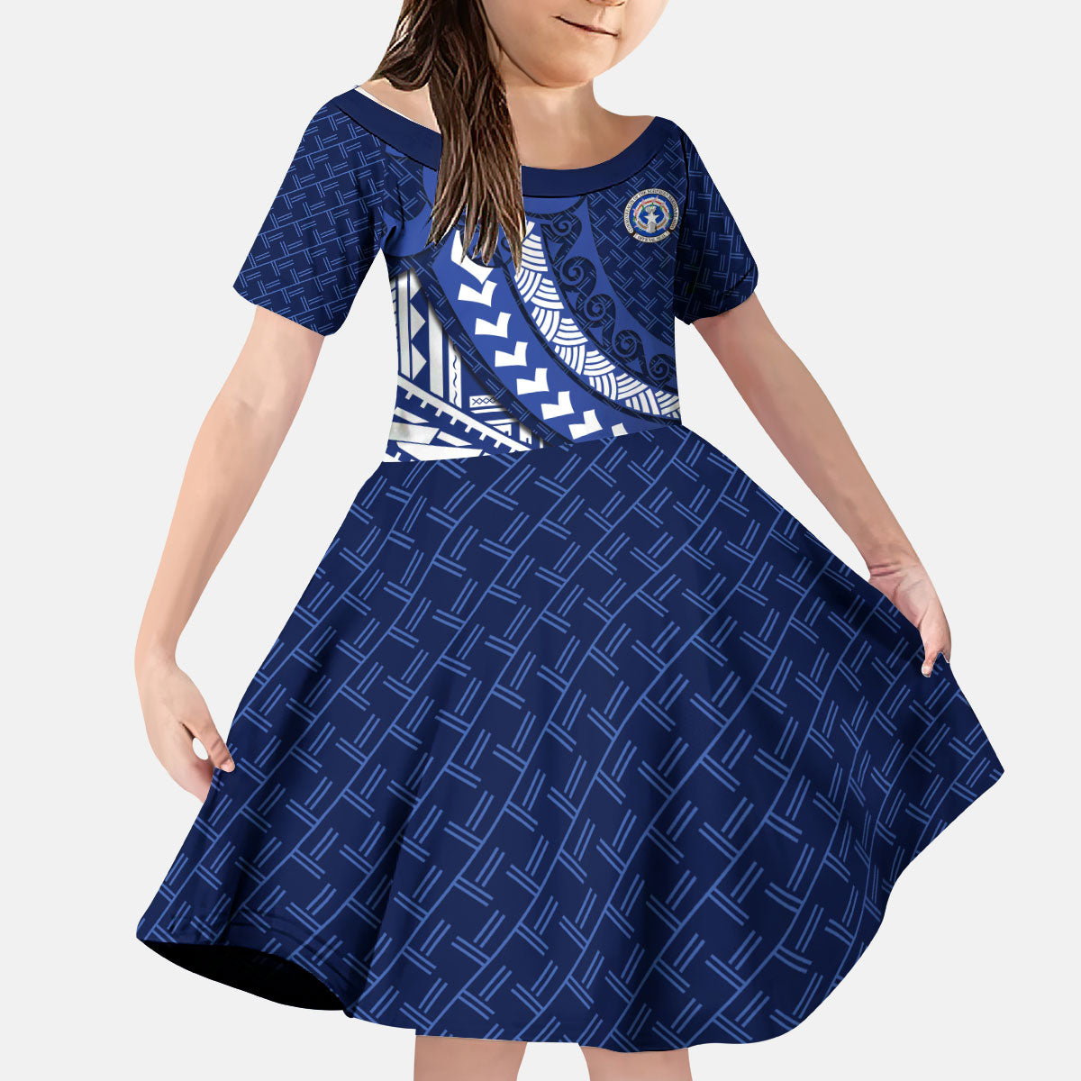Northern Mariana Islands Saipan Kid Short Sleeve Dress Polynesian Tribal Pattern - Commonwealth Seal Art