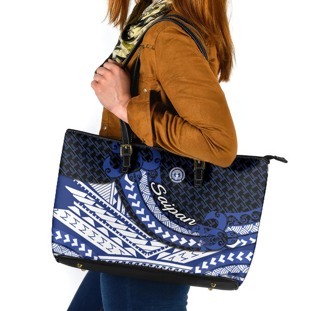 Northern Mariana Islands Saipan Leather Tote Bag Polynesian Tribal Pattern - Commonwealth Seal Art