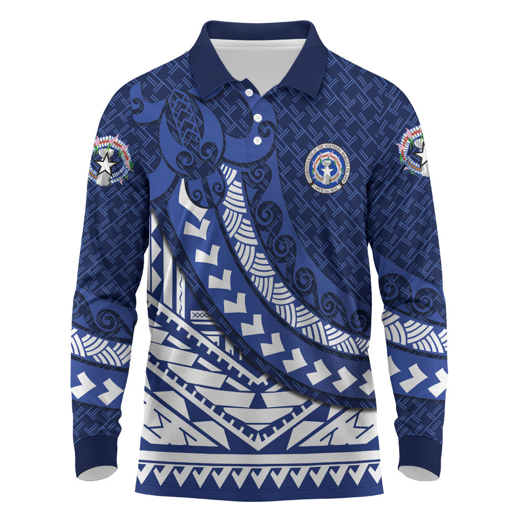 Northern Mariana Islands Saipan Long Sleeve Polo Shirt Polynesian Tribal Pattern - Commonwealth Seal Art