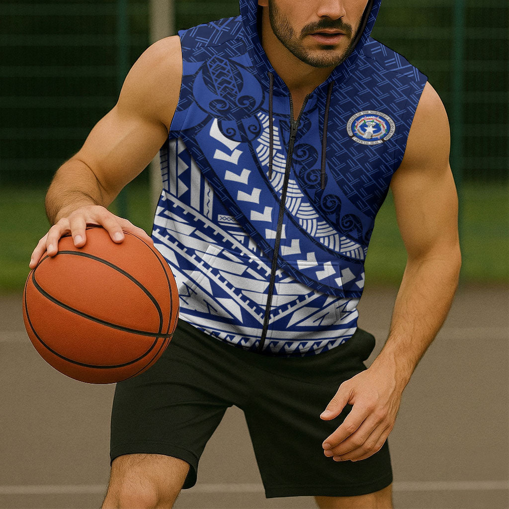 Northern Mariana Islands Saipan Sleeveless Zip Hoodie Polynesian Tribal Pattern - Commonwealth Seal Art TS04 - Polynesian Pride