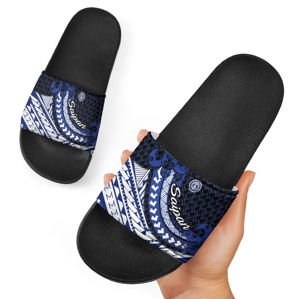 Northern Mariana Islands Saipan Slide Sandals Polynesian Tribal Pattern - Commonwealth Seal Art TS04 - Polynesian Pride