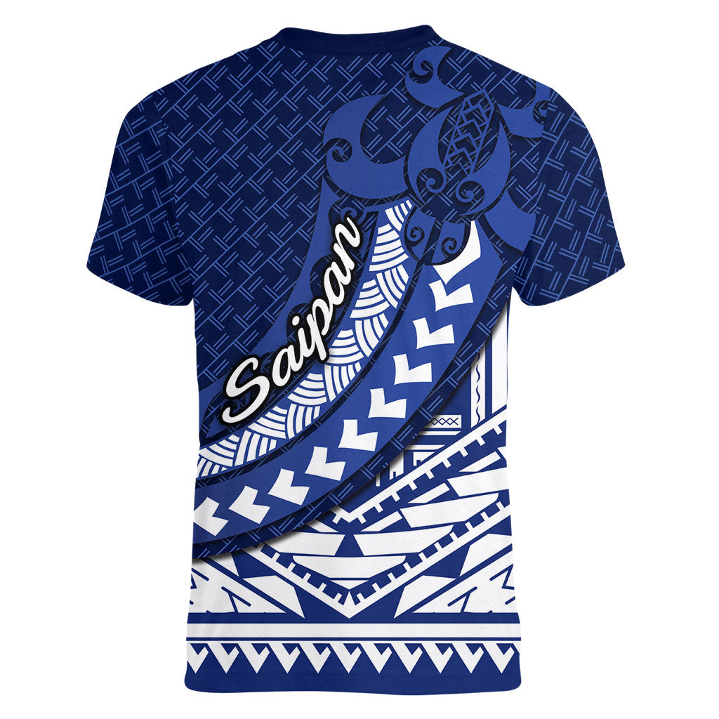 Northern Mariana Islands Saipan Women V-Neck T-Shirt Polynesian Tribal Pattern - Commonwealth Seal Art