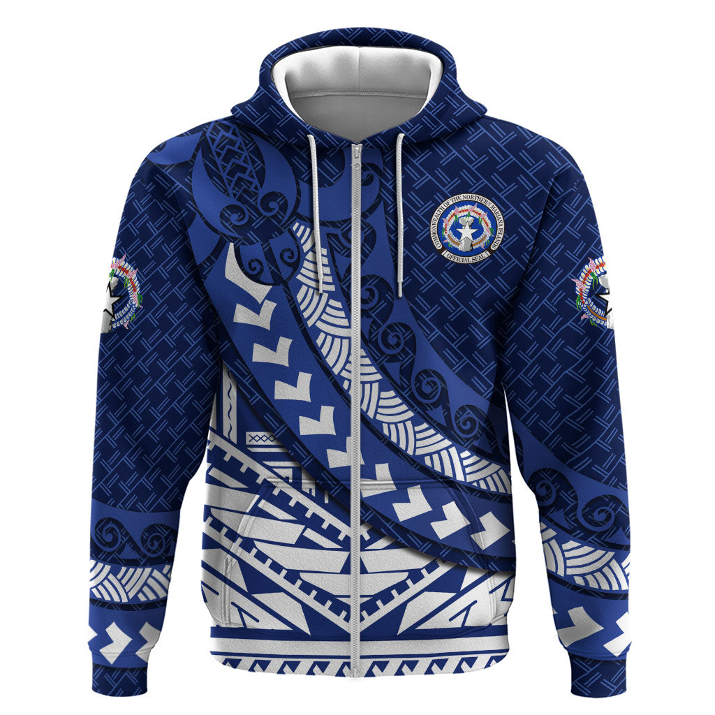 Northern Mariana Islands Saipan Zip Hoodie Polynesian Tribal Pattern - Commonwealth Seal Art TS04 Zip Hoodie Blue White - Polynesian Pride