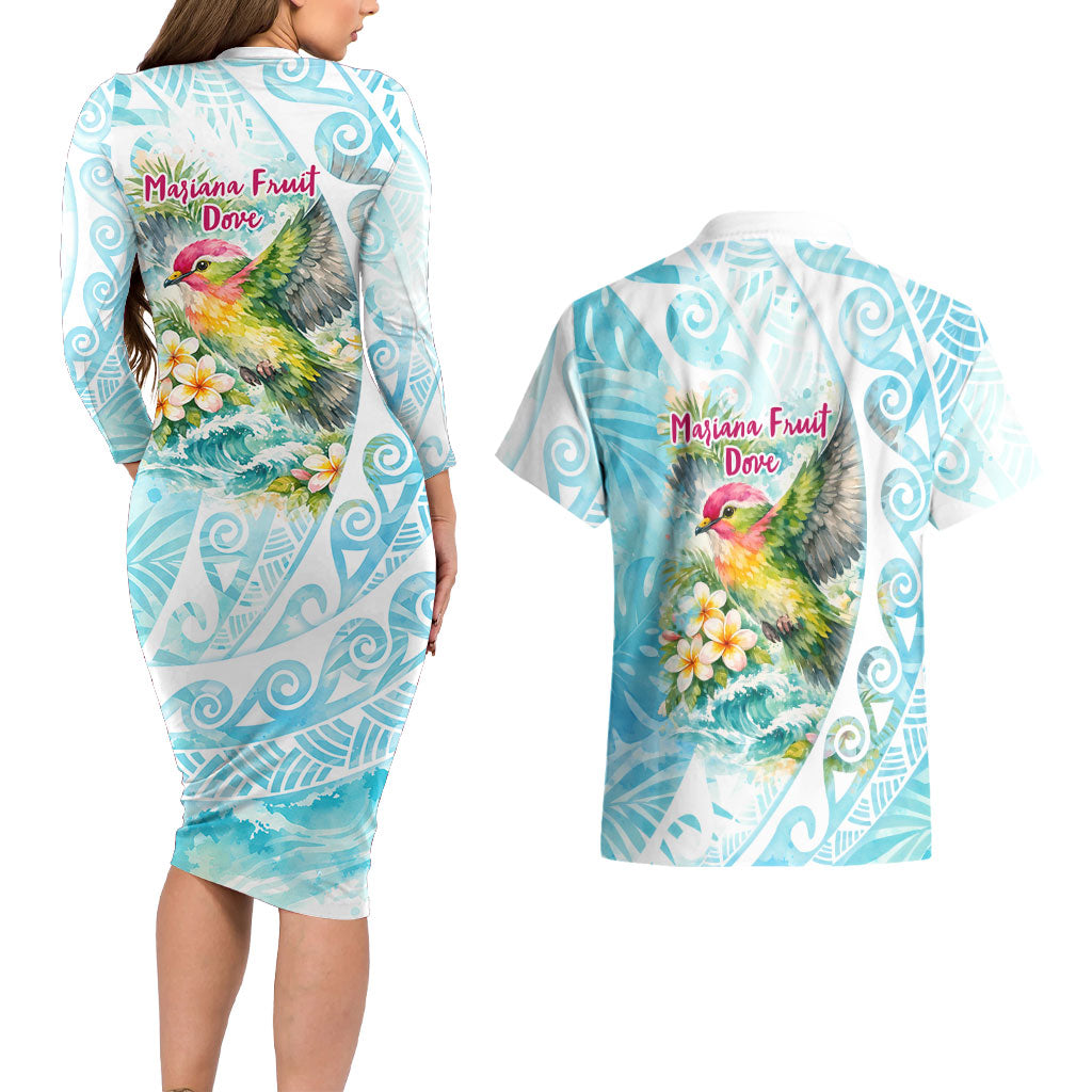 Saipan CMNI Couples Matching Long Sleeve Bodycon Dress and Hawaiian Shirt Polynesian Northern Mariana Islands Fruit Dove Watercolor