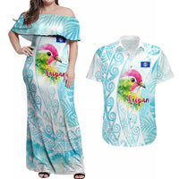 Saipan CMNI Couples Matching Off Shoulder Maxi Dress and Hawaiian Shirt Polynesian Northern Mariana Islands Fruit Dove Watercolor