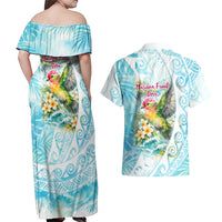 Saipan CMNI Couples Matching Off Shoulder Maxi Dress and Hawaiian Shirt Polynesian Northern Mariana Islands Fruit Dove Watercolor