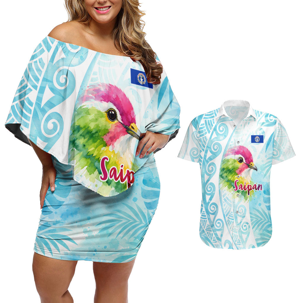 Saipan CMNI Couples Matching Off Shoulder Short Dress and Hawaiian Shirt Polynesian Northern Mariana Islands Fruit Dove Watercolor