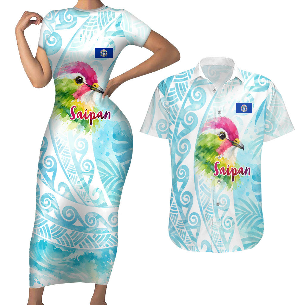 Saipan CMNI Couples Matching Short Sleeve Bodycon Dress and Hawaiian Shirt Polynesian Northern Mariana Islands Fruit Dove Watercolor