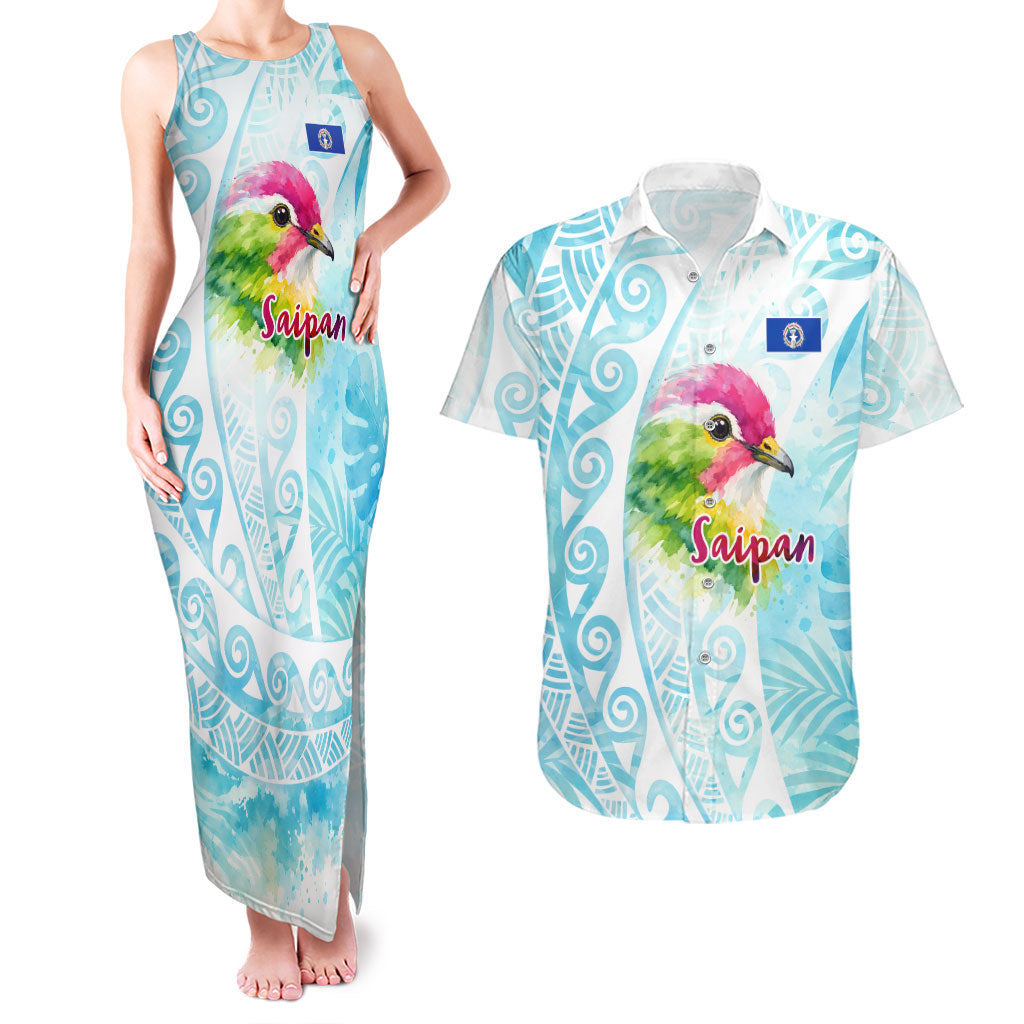 Saipan CMNI Couples Matching Tank Maxi Dress and Hawaiian Shirt Polynesian Northern Mariana Islands Fruit Dove Watercolor