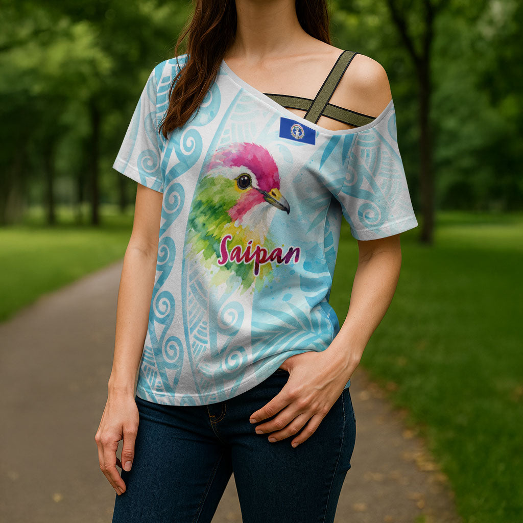 Saipan CMNI Cross Shoulder Shirt Polynesian Northern Mariana Islands Fruit Dove Watercolor TS04 - Polynesian Pride