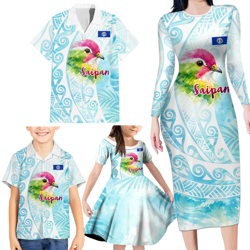 Saipan CMNI Family Matching Long Sleeve Bodycon Dress and Hawaiian Shirt Polynesian Northern Mariana Islands Fruit Dove Watercolor